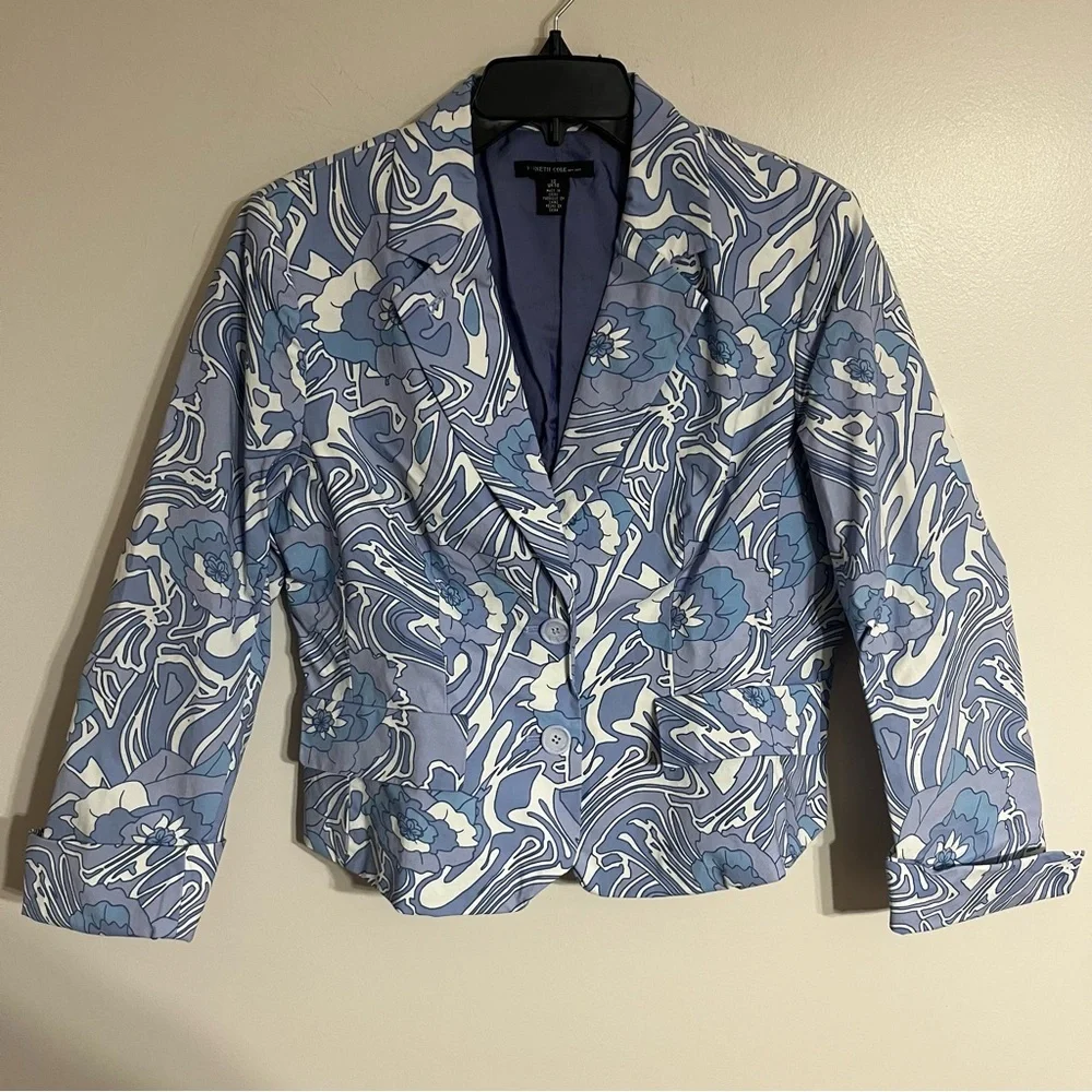 Womens Kenneth Cole Blue Floral Blazer Jacket Coat Size 12‎ Button Pockets